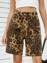 Leopard high waist denim shorts with front button closure