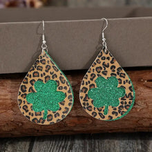 Leopard hollowed leather teardrop earrings with green glitter shamrocks