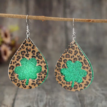 Leopard hollowed leather teardrop earrings with green glitter shamrock