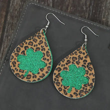 Leopard hollowed leather teardrop earrings with green shamrock cutouts
