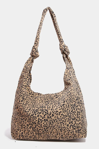 Leopard Knotted Strap Shoulder Bag with Bold Leopard Print Design Camel One Size