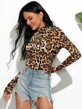 Leopard Mock Neck Long Sleeve T-Shirt Woman T Shirts