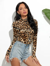 Leopard Mock Neck Long Sleeve T-Shirt Woman T Shirts