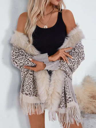 Leopard Print Cardigan and Poncho with Faux Fur Trim and Fringe Beige One Size
