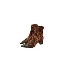 Leopard Print Ankle Boots with Block Heel and Pointed Toe Leopard Woman Boots
