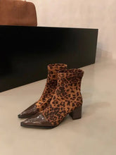 Leopard Print Ankle Boots with Block Heel and Pointed Toe Woman Boots