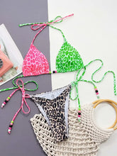 Leopard Print Bikini Set with Pink and Green Cups and Beaded Ties Swimwear