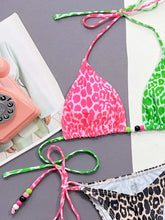 Leopard print bikini set with pink green cups and beaded ties