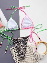 Leopard Print Bikini Set with Pink and Green Cups and Beaded Ties
