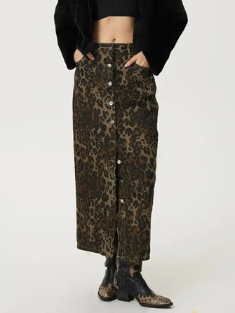 Leopard Print Button-Front Maxi Skirt Machine Wash Tumble Dry Leopard Woman Skirts