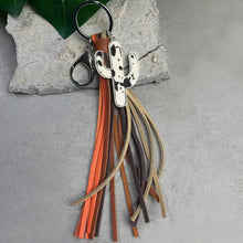 Leopard print cactus keychain with multicolored leather tassels
