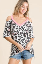 Leopard Print Cold Shoulder Cut Out Top for Women NEON PINK