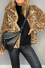 Leopard print faux fur coat for women with black crossbody bag