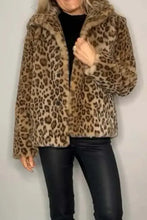 Leopard print faux fur coat for women with hood and zipper
