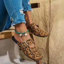 Leopard print faux suede loafers with green strap and silver charms