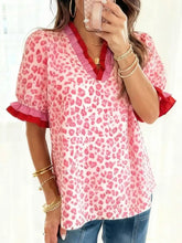 Pink leopard print blouse with red ruffled trim and short puffed sleeves leopard print frill short sleeve blouse