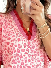 Pink leopard print blouse with ruffled red neckline and short sleeves leopard print frill short sleeve blouse