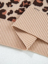 Leopard print high neck shift mini sweater dress in beige knit with ribbed cuffs