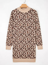 Leopard print high neck shift mini sweater dress, beige knit with ribbed cuffs and hem