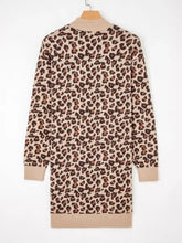 Beige leopard print high neck shift mini sweater dress with ribbed cuffs