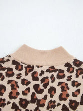 Beige leopard-print knit sweater dress with ribbed high neck collar