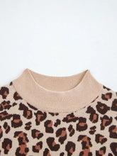 Beige and brown leopard print knit sweater dress with ribbed crew neck