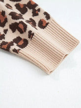 Beige knit sweater sleeve with brown tan leopard print on Leopard Print High Neck Shift Mini Sweater Dress