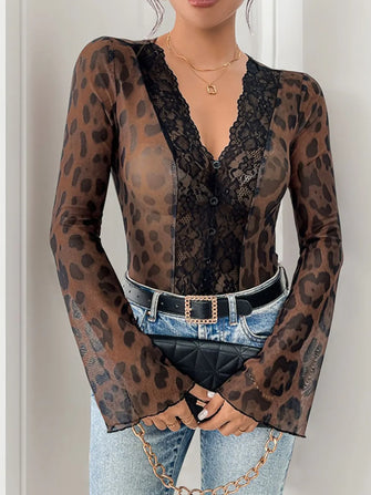 Leopard Print Lace Mesh Bodysuit for Women Brown