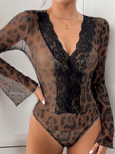 Leopard Print Lace Mesh Bodysuit for Women