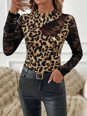 Leopard Print Lace Sleeve Bodysuit for Women Leopard