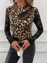 Leopard Print Lace Sleeve Bodysuit for Women Woman T Shirts