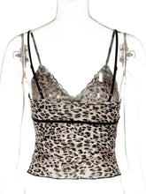 Leopard print lace trim cami in brown with black lace trim and thin straps ideal for stylish layering