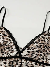 Leopard print satin bra with black lace trim and adjustable straps from the leopard print lace trim cami collection