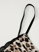 Leopard print lace trim satin bralette with black lace trim and adjustable straps in leopard print lace design