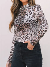 Sheer leopard print long sleeve mock neck bodysuit with ruffled collar and high neckline for stylish layering