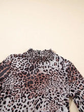 Leopard print long sleeve mock neck bodysuit in black brown and white on sheer fabric