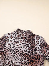 Leopard print long sleeve mock neck bodysuit with black brown and white tones on sheer fabric for women