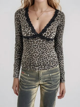Leopard Print Long Sleeve Top with Lace Trim Leopard