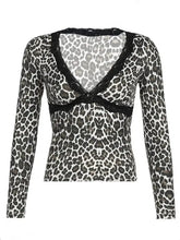 Leopard Print Long Sleeve Top with Lace Trim Woman T Shirts