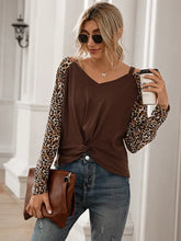 Leopard Print Long Sleeve Twist Front Top for Women Chestnut Woman T Shirts