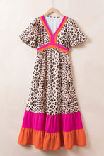 Leopard Print Maxi Dress with Pink and Red Colorful Trim