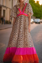 Leopard Print Maxi Dress with Pink and Red Colorful Trim Leopard