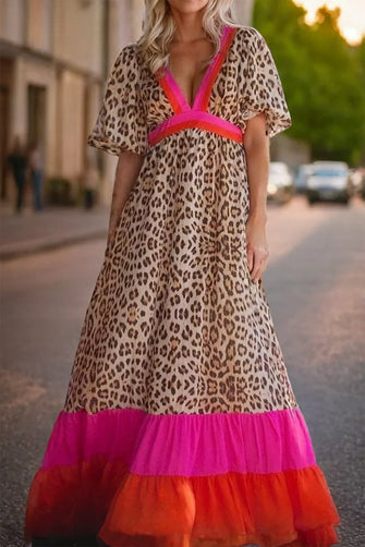 Leopard Print Maxi Dress with Pink and Red Colorful Trim Leopard