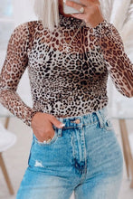 Leopard Print Mesh Turtleneck Bodysuit for Women Leopard