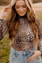 Leopard Print Mesh Turtleneck Bodysuit for Women