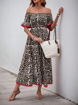 Leopard Print Off Shoulder Ruched Dress Leopard