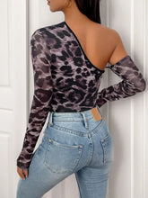 Sheer black and gray leopard print shoulder long sleeve bodysuit with long sleeves and a stylish one shoulder design