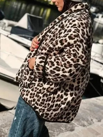 Leopard Print Open Front Puffer Jacket for Women Leopard