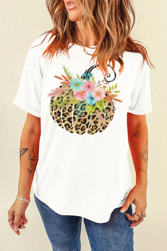Leopard Print Pumpkin Floral White T-Shirt for Women White