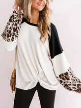 Leopard Print Raglan Sleeve Knotted Long Sleeve Shirt for Women Black